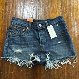 Levi's Blue Distressed Jean Shorts with Frayed Edge.